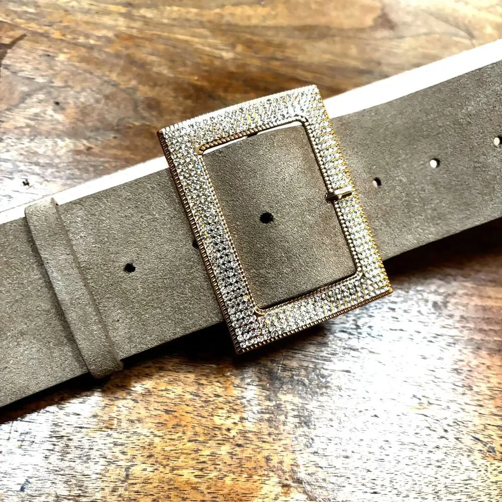 Wide ladies faux suede fashion belt rose gold buckle & clear white rhinestones